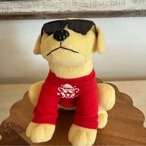 Plush Yellow Dog Toy with Red Sweater and Sunglasses